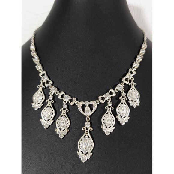 Elegant Silver Rhinestone Heart & Teardrop Dangle Necklace Art Deco 18" - Picture 1 of 10